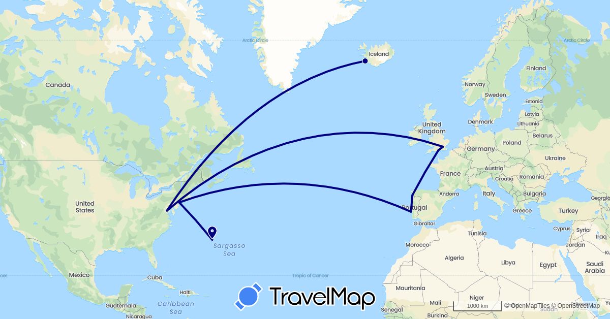 TravelMap itinerary: driving in Bermuda, Spain, United Kingdom, Iceland, Portugal, United States (Europe, North America)